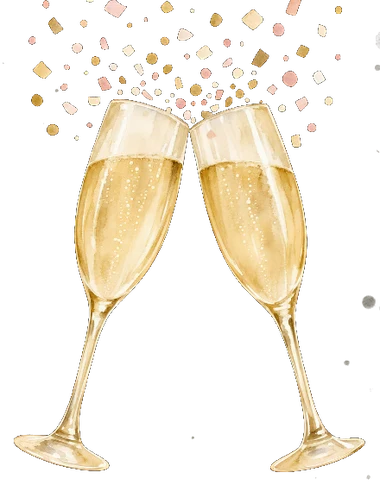 Two watercolor prosecco glasses toasting under gold confetti